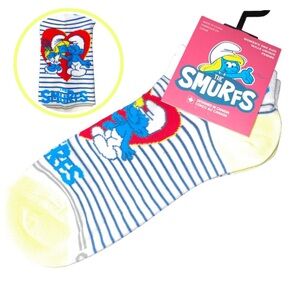 Smurfs Kissing Heart Low Cut Socks Women's Size OS Blue Stripes Yellow cartoon